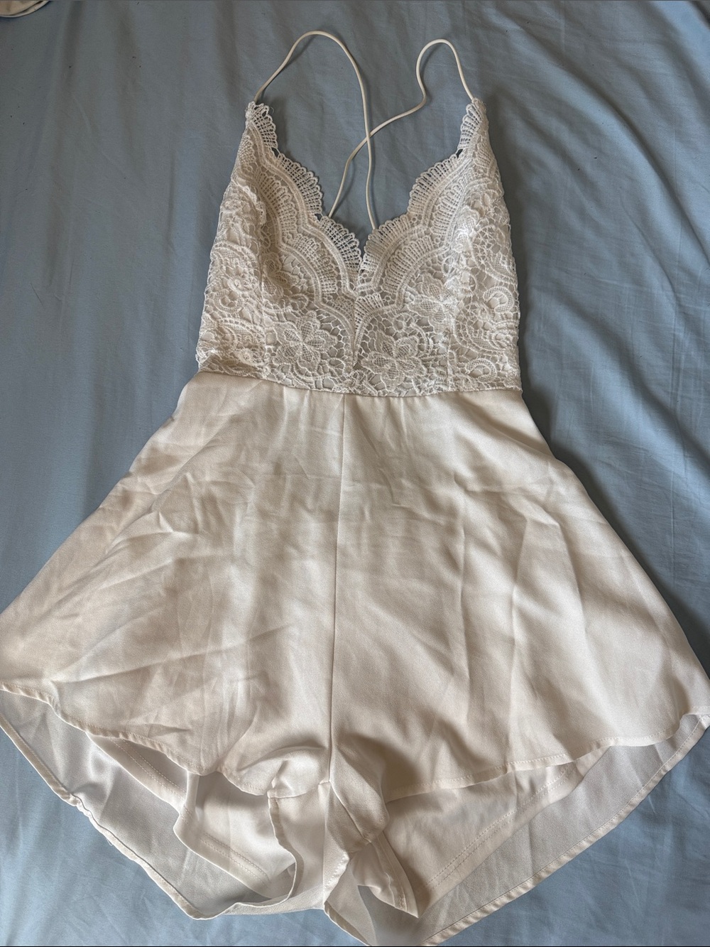 SHEIN Ivory Lace-Trim Spaghetti Strap Romper